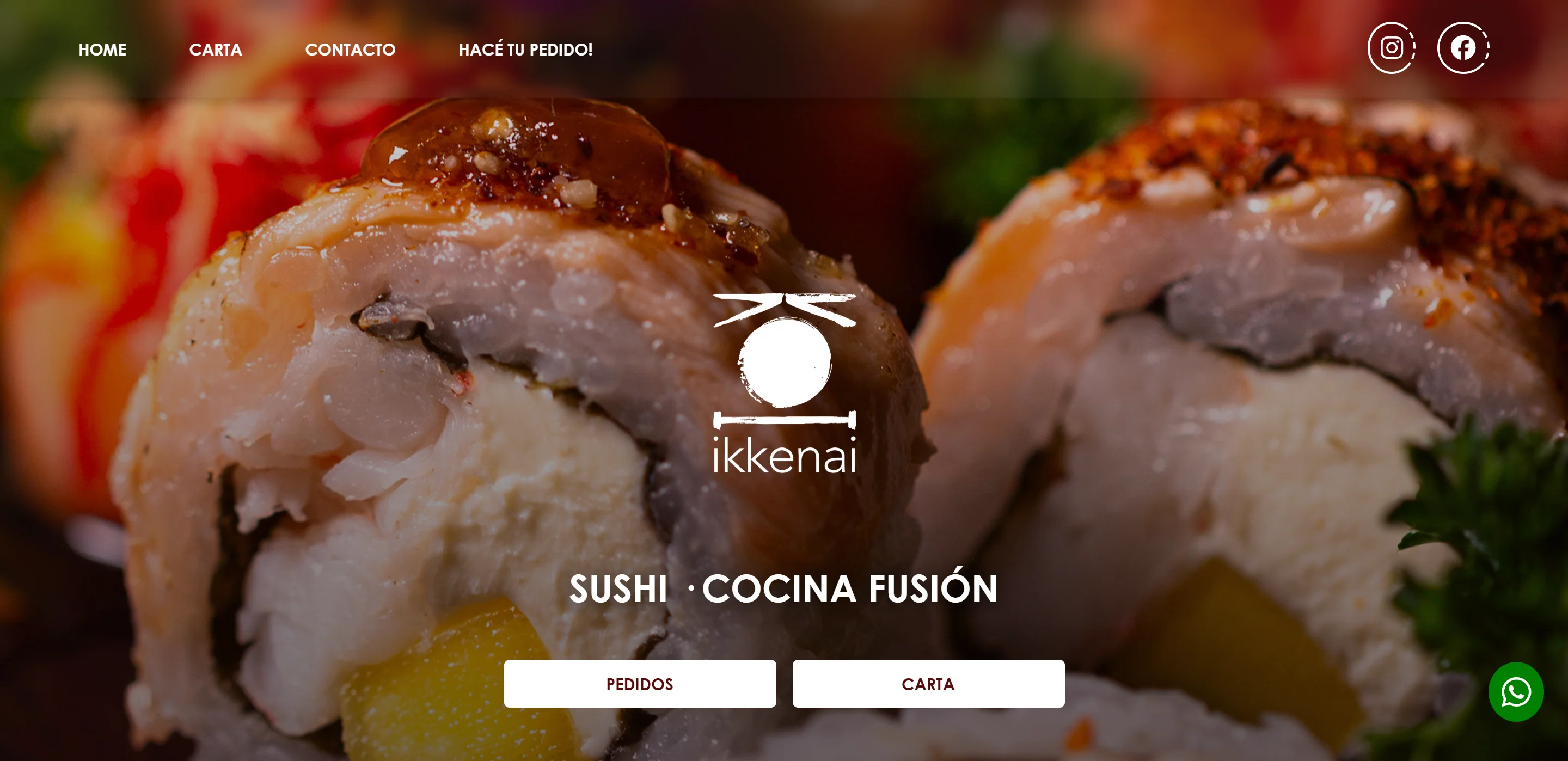 New Ikkenai homepage with the logo, "Sushi · Cocina fusión" and Pedidos / Carta buttons